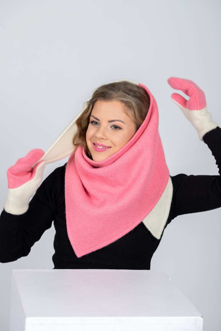 Versatile Handmade Wool Triangle Shawl - Pink, White - Image 2