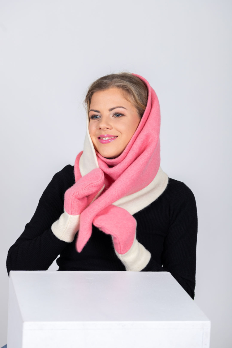 Versatile Handmade Wool Triangle Shawl - Pink, White - Image 3