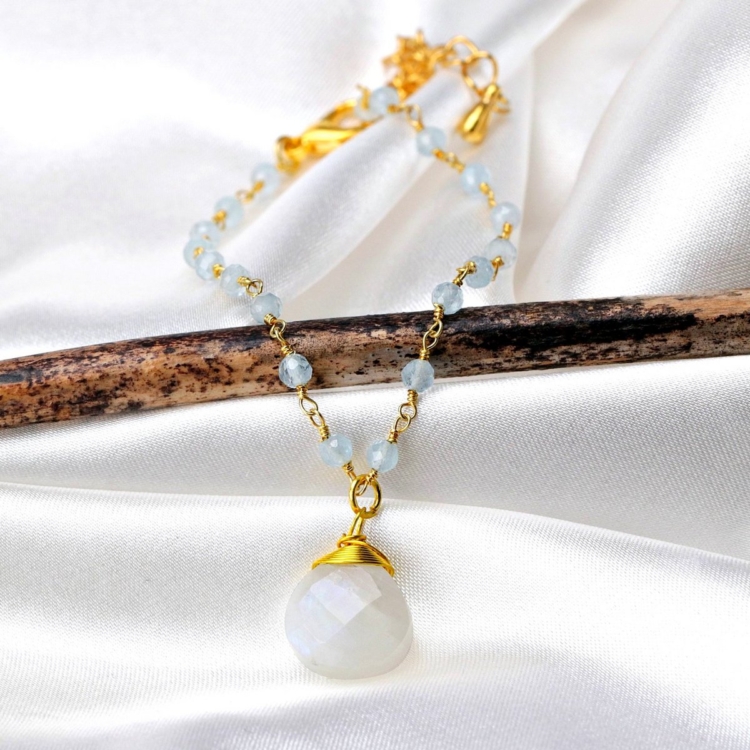 Moonstone & Aquamarine Gemstone Teardrop Bracelet Gold - Image 4