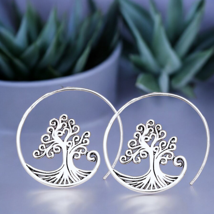 Tree of Life Spiral Earrings - 925 Sterling Silver - Tree of Life Earrings