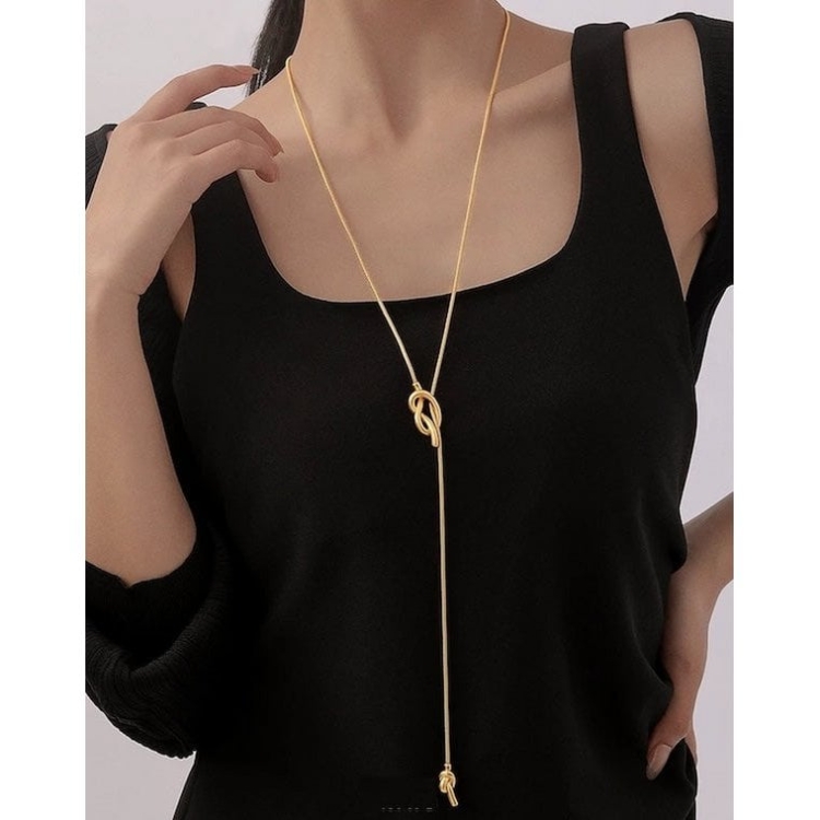 Minimalist Longline Sweater Necklace with Knot - Image 11