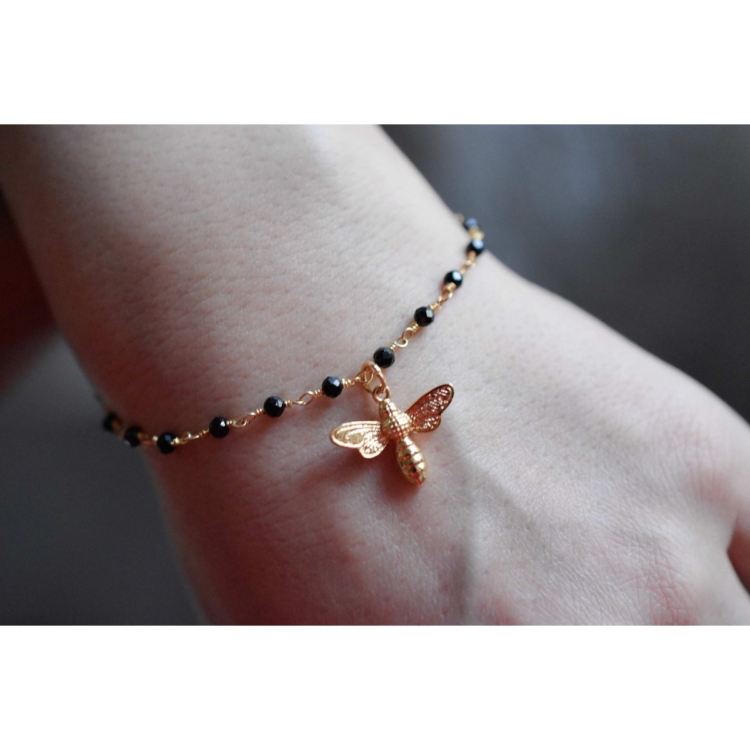 Gold bumblebee bracelet with onyx - gemstone bracelet with delicate bee pendant - Image 2