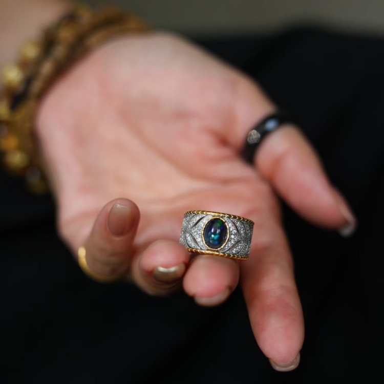 Vintage Eastern Royal Style Black Opal Ring - adjustable