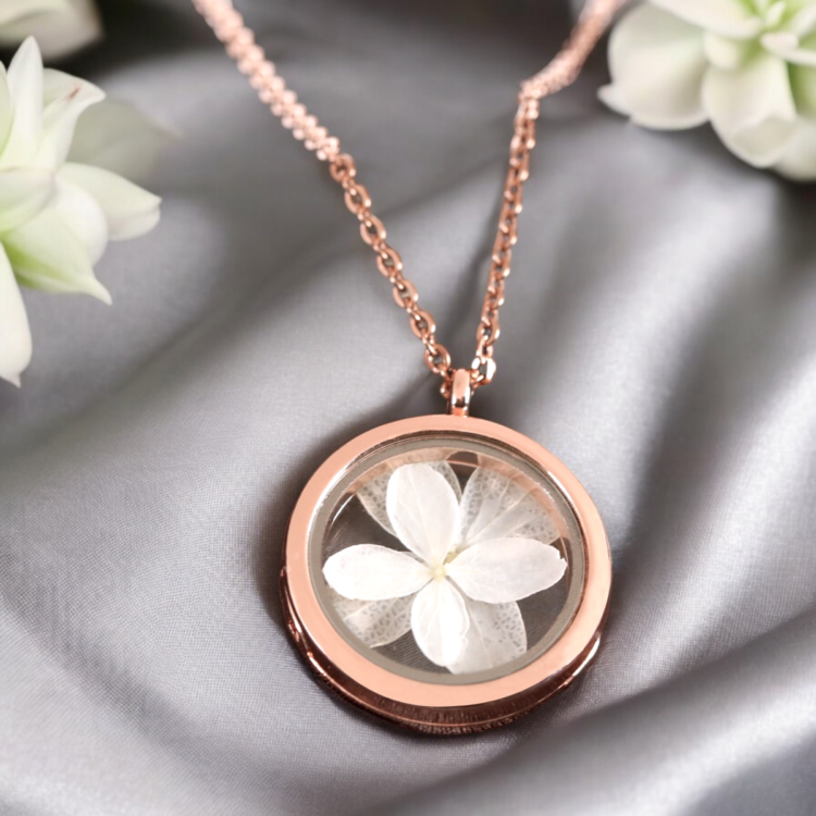 Real hydrangea flower medallion necklace