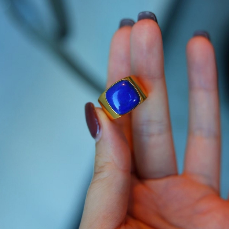 Bold Look Square Gem Ring - Genuine Lapis Lazuli - adjustable - Image 5