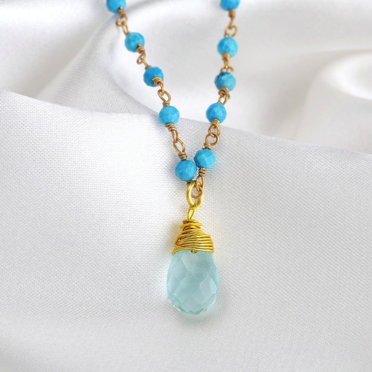 Chalcedony Gemstone Drop Pendant - Turquoise Gemstone Chain Gold Necklace - Image 3