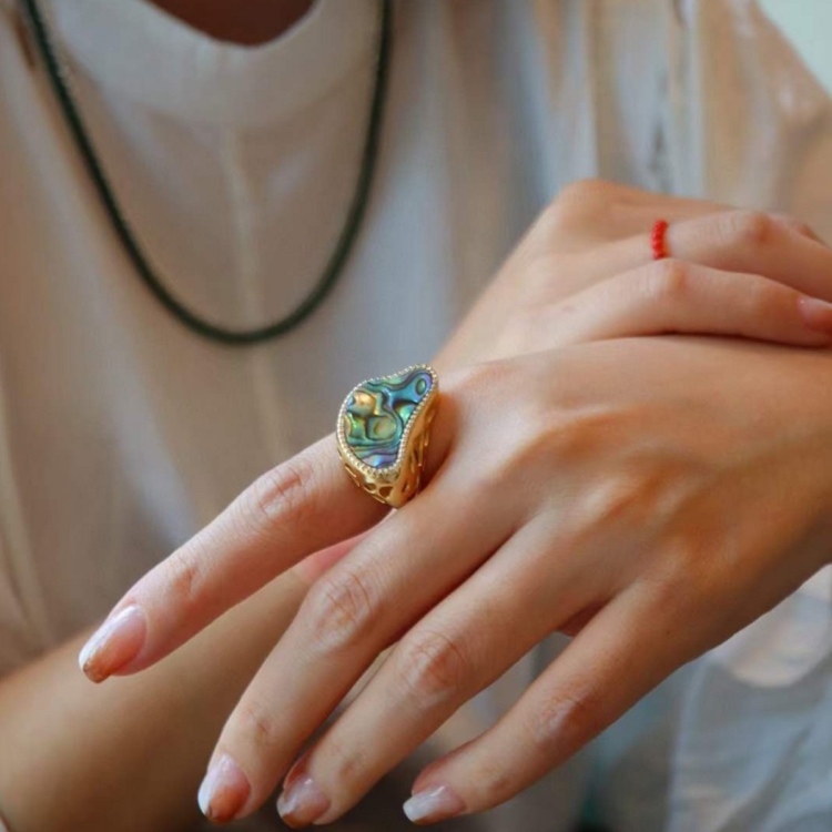 Ocean Wave Design: Abalone Shell Gold Vermeil Statement Ring-Adjustable - Image 3