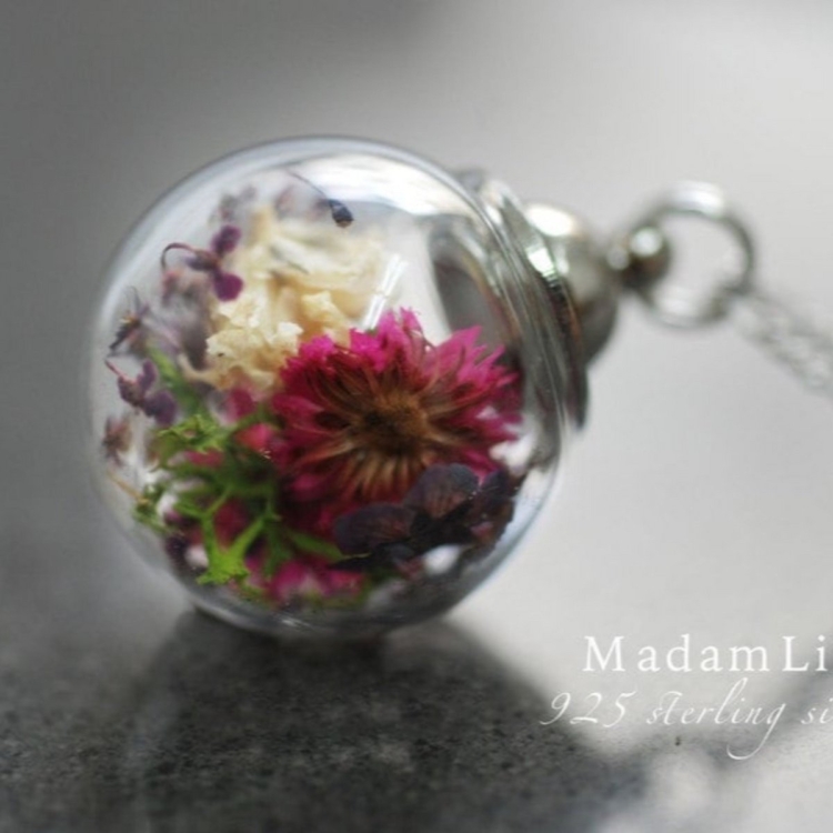 Floral Glass Ball Pendant with Real Flowers