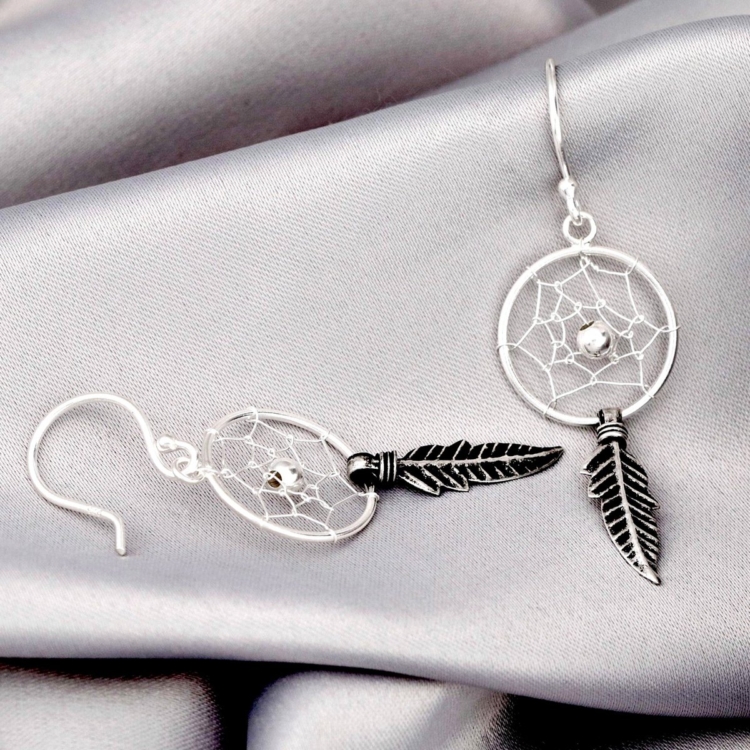 Dream Catcher Earrings - 925 Sterling Silver Tribal Boho Shaman Indian Jewelry