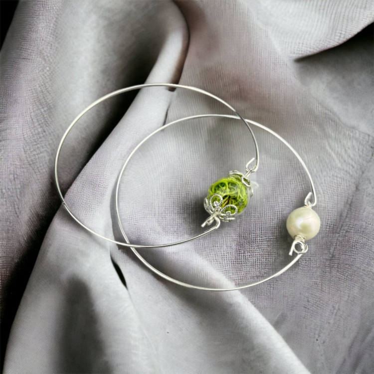 Iceland moss & real freshwater pearl bangles in a double pack - silver plated - handmade - Image 2