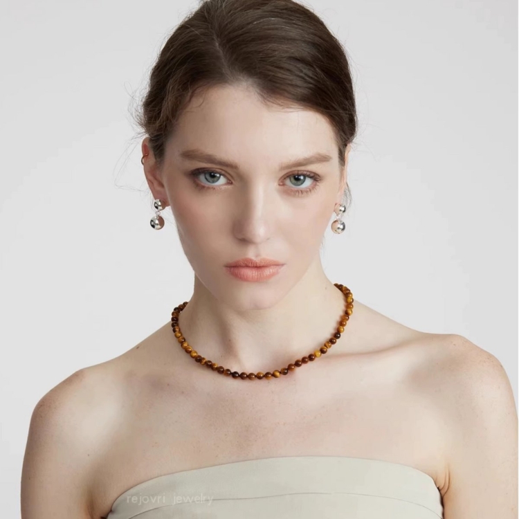 Chic Tiger-Eye Beads Necklace-Silver S Hook