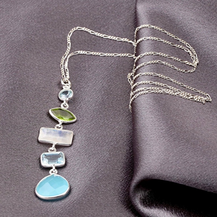 Multi Gemstone Pendant - 925 Sterling Silver Necklace - Image 4