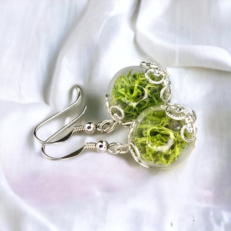 Real Moss Earrings - 925 Sterling Silver Jewelry - Botanical Terrarium Earrings