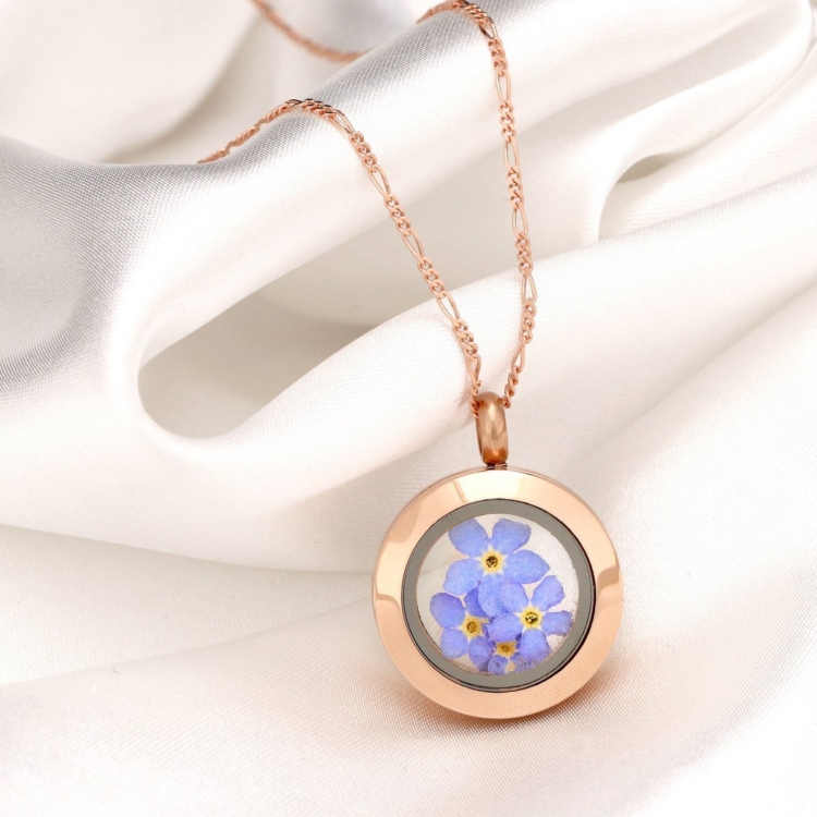 Rose Gold Plated Forget-Me-Not Medallion - 925 Sterling Gold Plated Necklace with Real Flowers