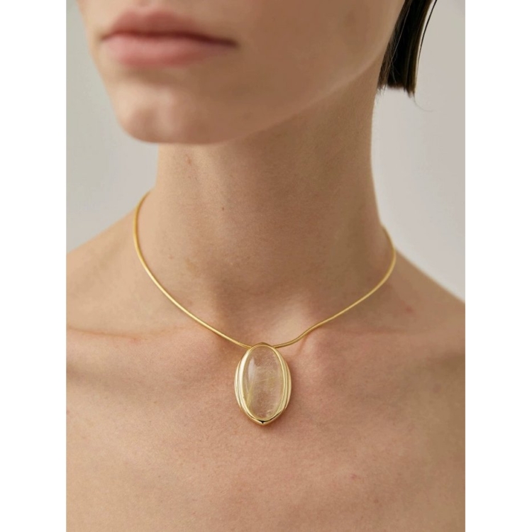 Bold Minimalist Gold Rutilated Quartz Oval Pendant Necklace - Image 7