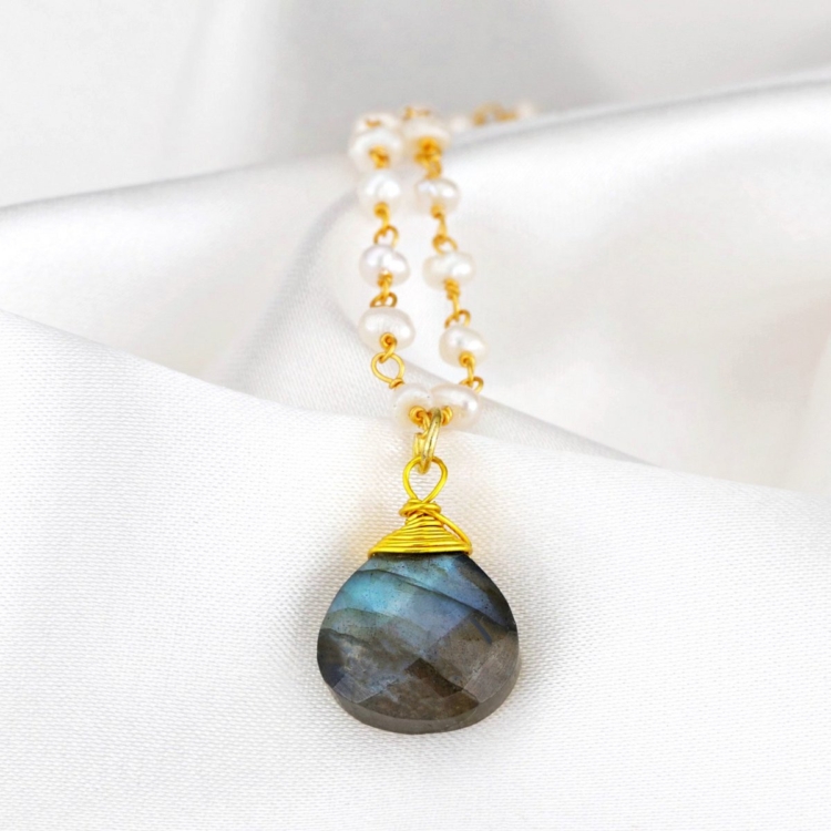 Labradorite & Freshwater Pearl Gemstone Teardrop Pendant Necklace Gold