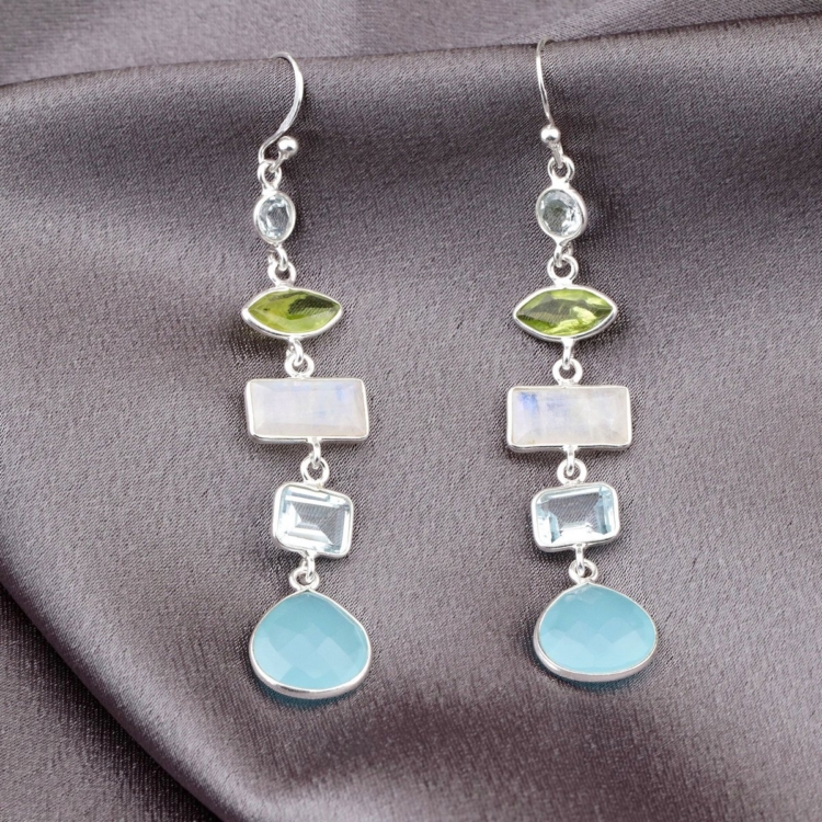 Multi Gemstone Earrings - 925 Sterling Silver - Clear Quartz, Aquamarine, Moonstone, Peridot, Chalcedony