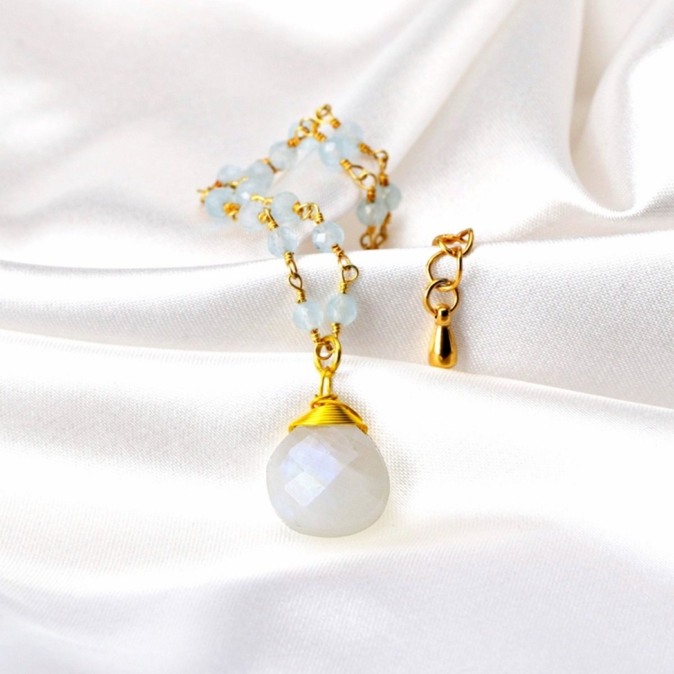 Moonstone & Aquamarine Gemstone Teardrop Bracelet Gold - Image 3