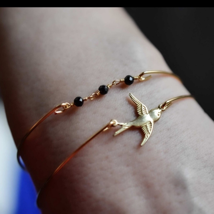 Onyx Swallow Gold Bangle Set - Gold Plated Black Gemstone Rondelles Animal Bird Swallow Jewelry