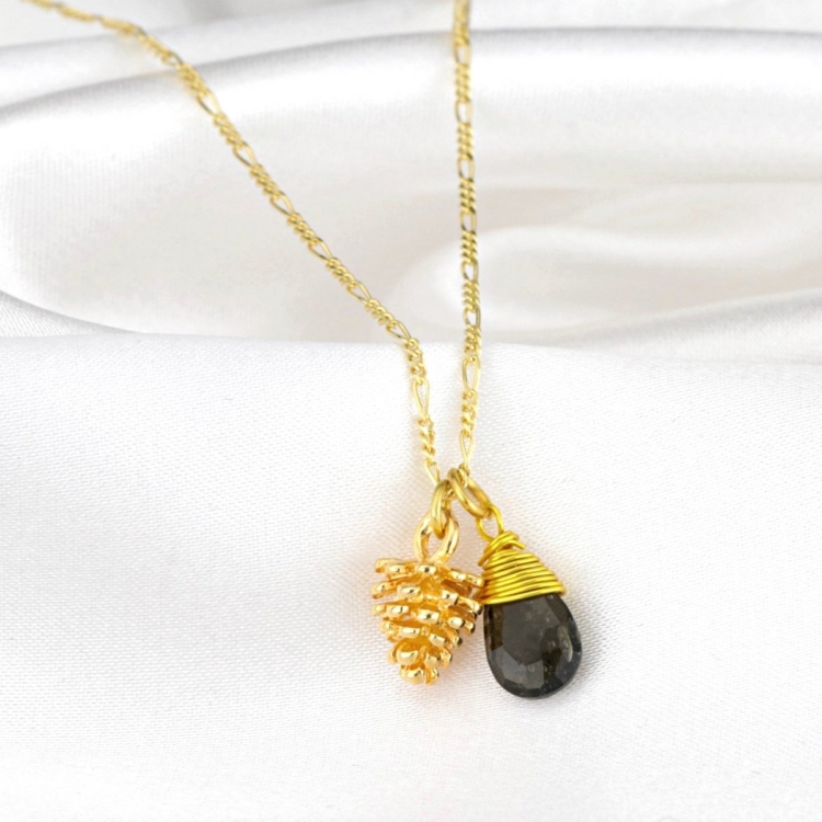 925 Moldavite & Pinecone Sterling Gold Plated Gemstone Necklace