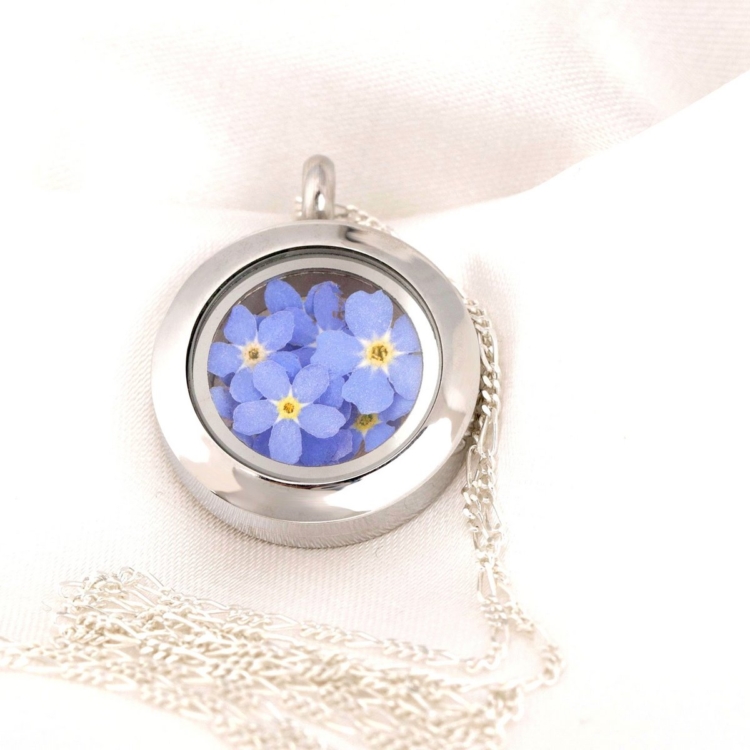 Forget-me-not flower medallion - glass medallion with real flowers 925 sterling silver necklace - Image 3