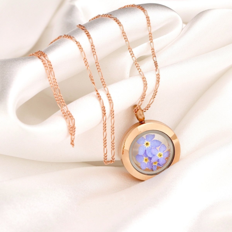 Rose Gold Plated Forget-Me-Not Medallion - 925 Sterling Gold Plated Necklace with Real Flowers - Image 5