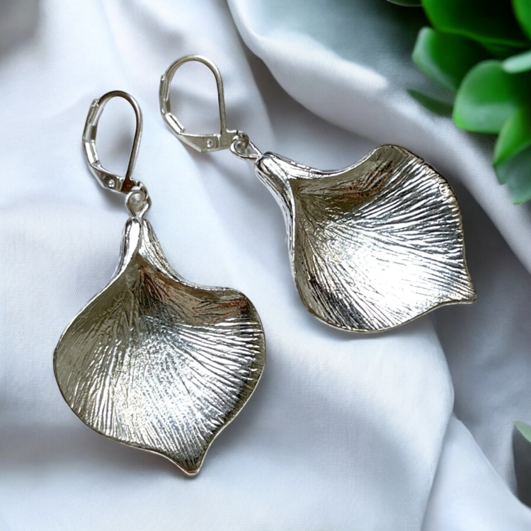 Silver plated antique style petal earrings