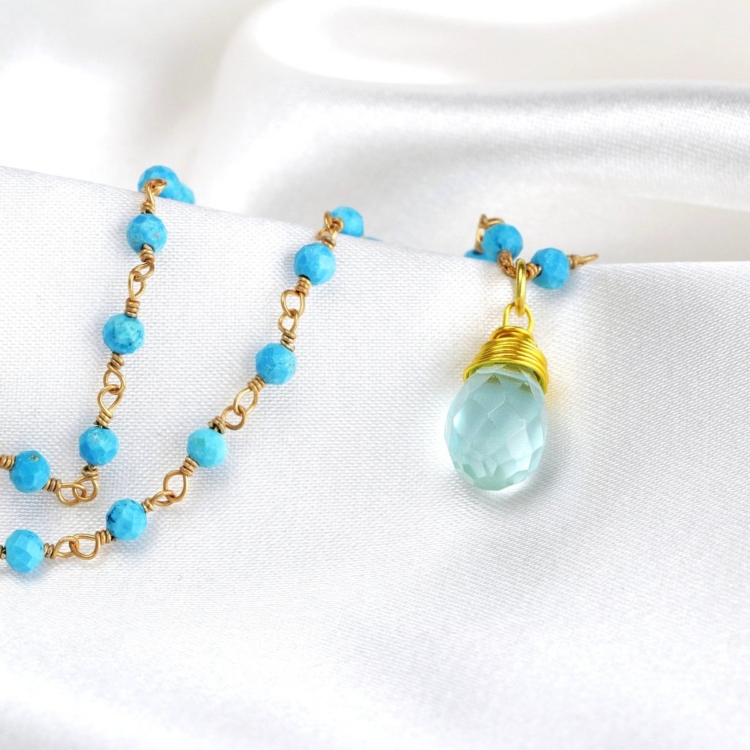 Chalcedony Gemstone Drop Pendant - Turquoise Gemstone Chain Gold Necklace - Image 5