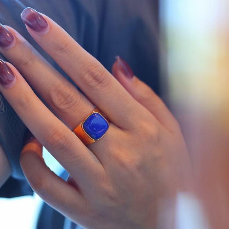 Bold Look Square Gem Ring - Genuine Lapis Lazuli - adjustable - Image 3