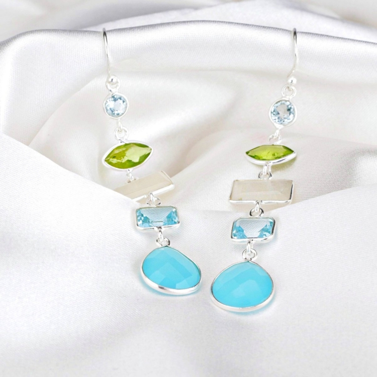 Multi Gemstone Earrings - 925 Sterling Silver - Clear Quartz, Aquamarine, Moonstone, Peridot, Chalcedony - Image 6