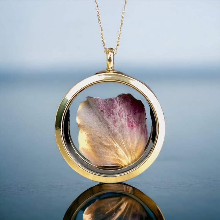 Hydrangea Leaf Gold Glass Locket Pendant Chain - 925 Sterling Gold Plated Floral Necklace