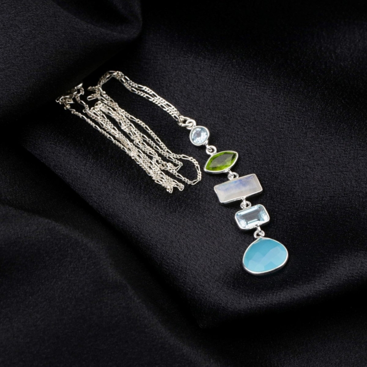 Multi Gemstone Pendant - 925 Sterling Silver Necklace - Image 4