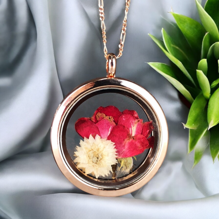 Real Rose and Chrysanthemum 925 Sterling Rose Gold Plated Locket Necklace