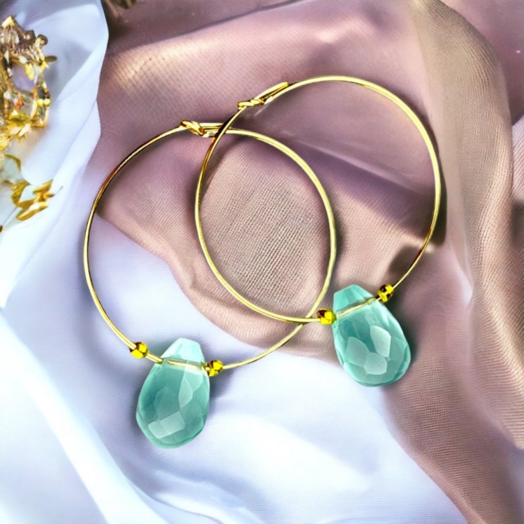 Goldfill gemstone chalcedony drop hoop earrings - gemstone jewelry - Image 4