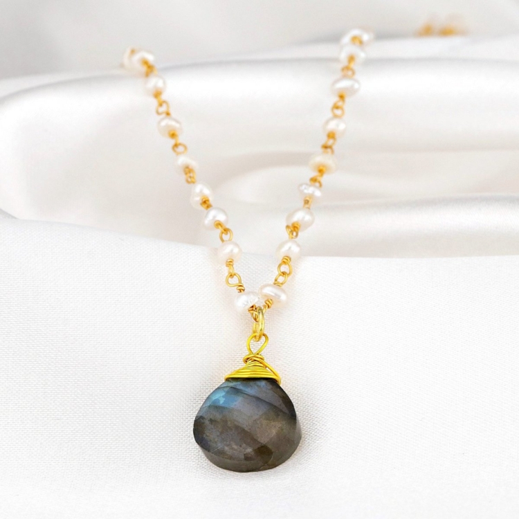 Labradorite & Freshwater Pearl Gemstone Teardrop Pendant Necklace Gold - Image 5