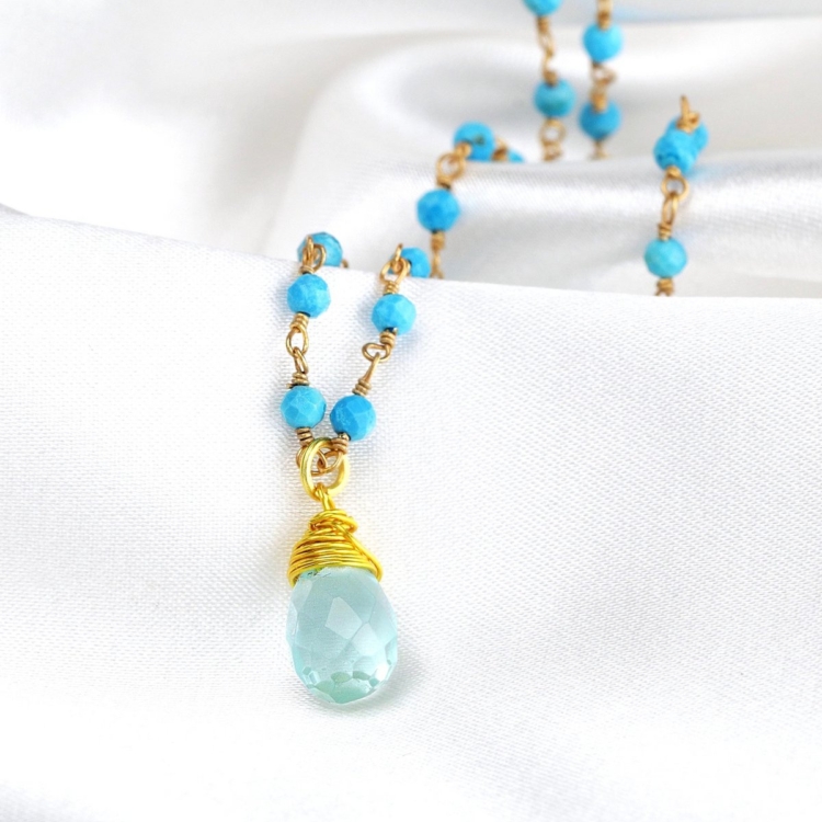 Chalcedony Gemstone Drop Pendant - Turquoise Gemstone Chain Gold Necklace