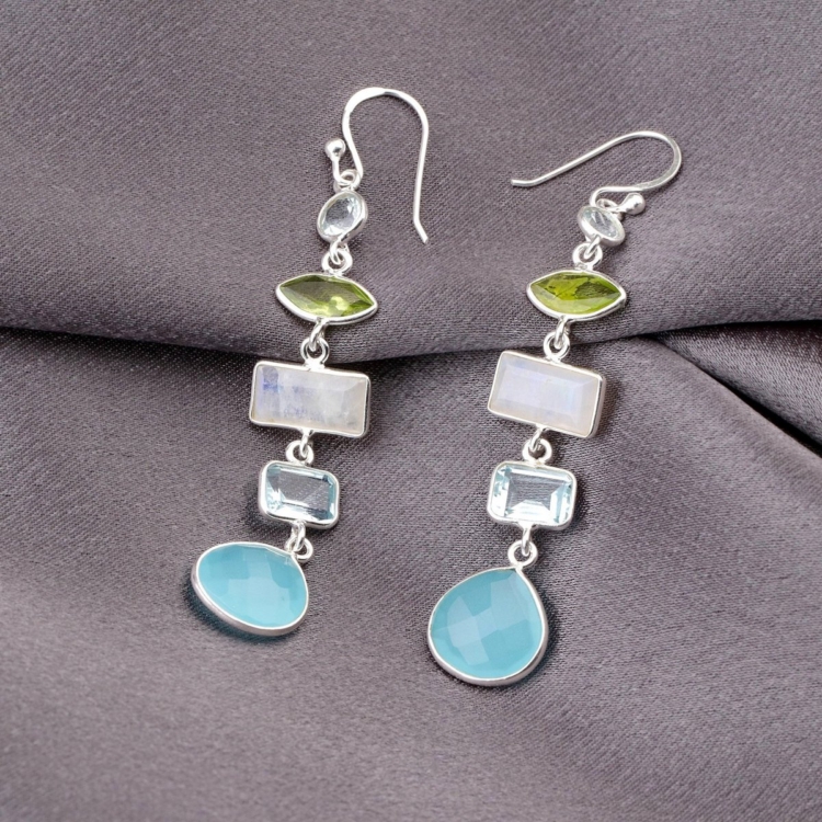 Multi Gemstone Earrings - 925 Sterling Silver - Clear Quartz, Aquamarine, Moonstone, Peridot, Chalcedony - Image 3