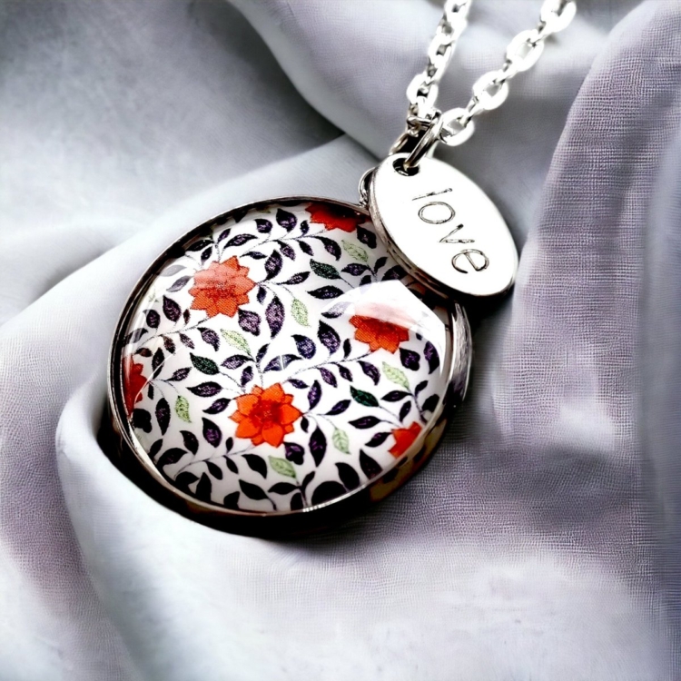 Tile Glass Pendant - Silver Plated Flower Ornament Necklace