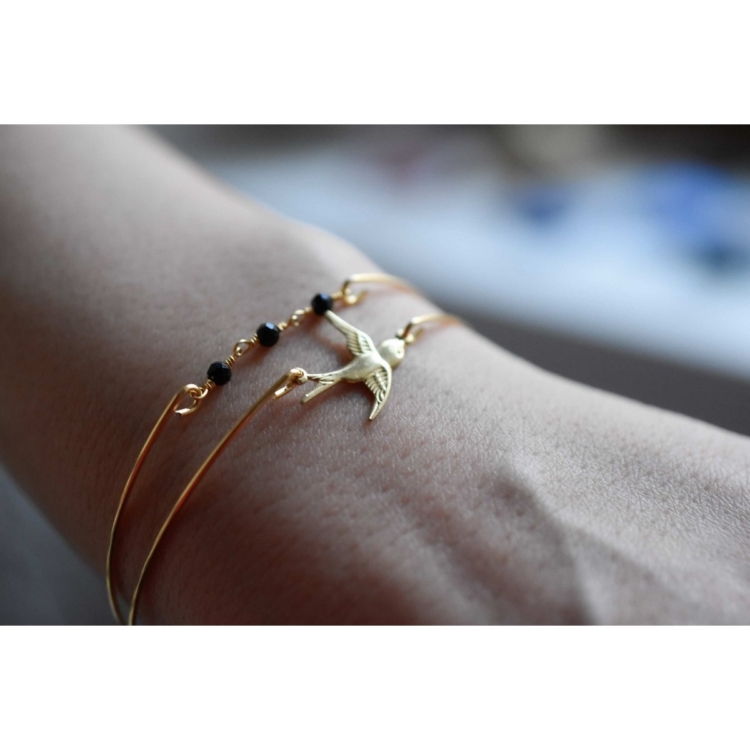 Onyx Swallow Gold Bangle Set - Gold Plated Black Gemstone Rondelles Animal Bird Swallow Jewelry - Image 2