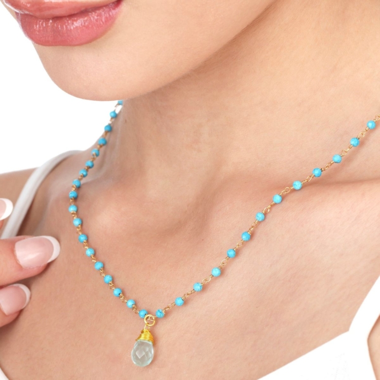 Chalcedony Gemstone Drop Pendant - Turquoise Gemstone Chain Gold Necklace - Image 6