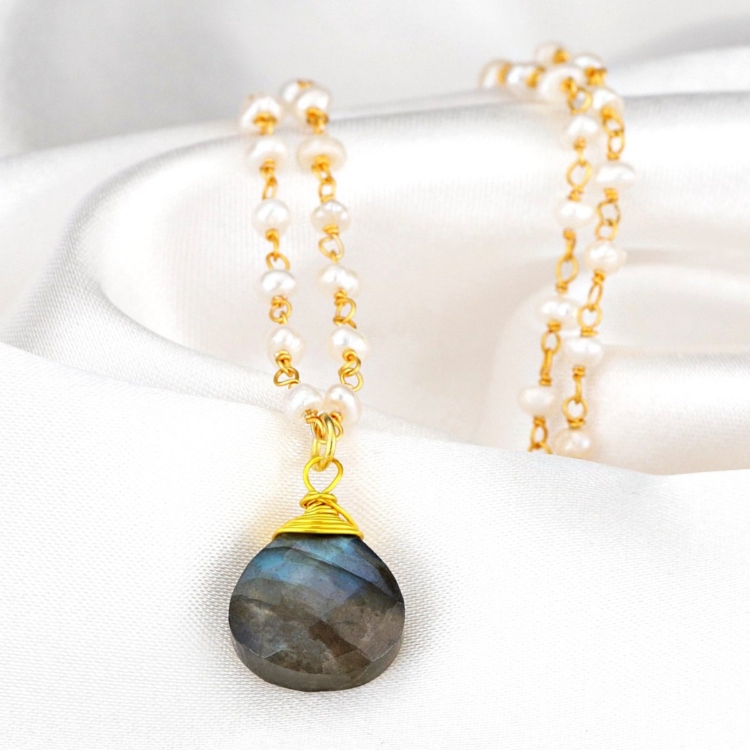 Labradorite & Freshwater Pearl Gemstone Teardrop Pendant Necklace Gold - Image 8