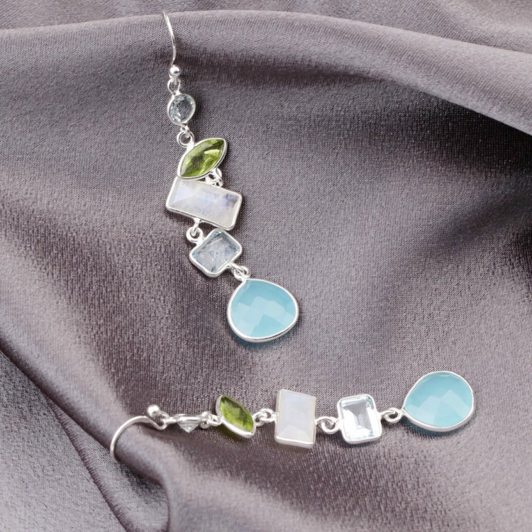 Multi Gemstone Earrings - 925 Sterling Silver - Clear Quartz, Aquamarine, Moonstone, Peridot, Chalcedony - Image 5