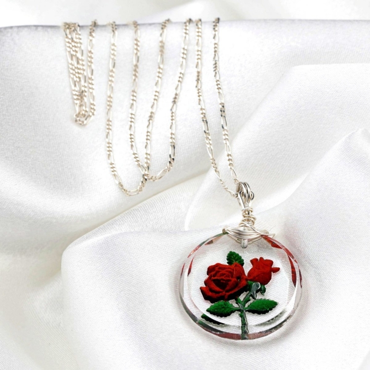 Frosted Rose Glass Pendant Necklace - 925 Sterling Silver 3D Symbolic Jewelry - Image 5