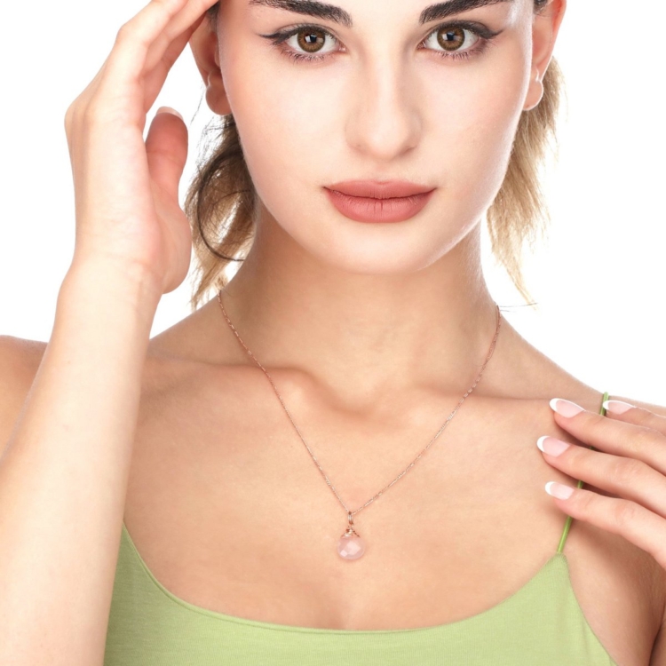 Rose Quartz Drop Necklace 925 Sterling Rose Gold Plated Pink Gemstone Aura Necklace - Image 7