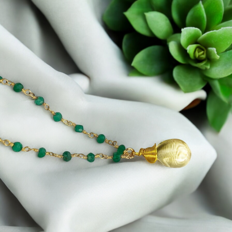 Gemstone necklace with aventurine and citrine drop pendant