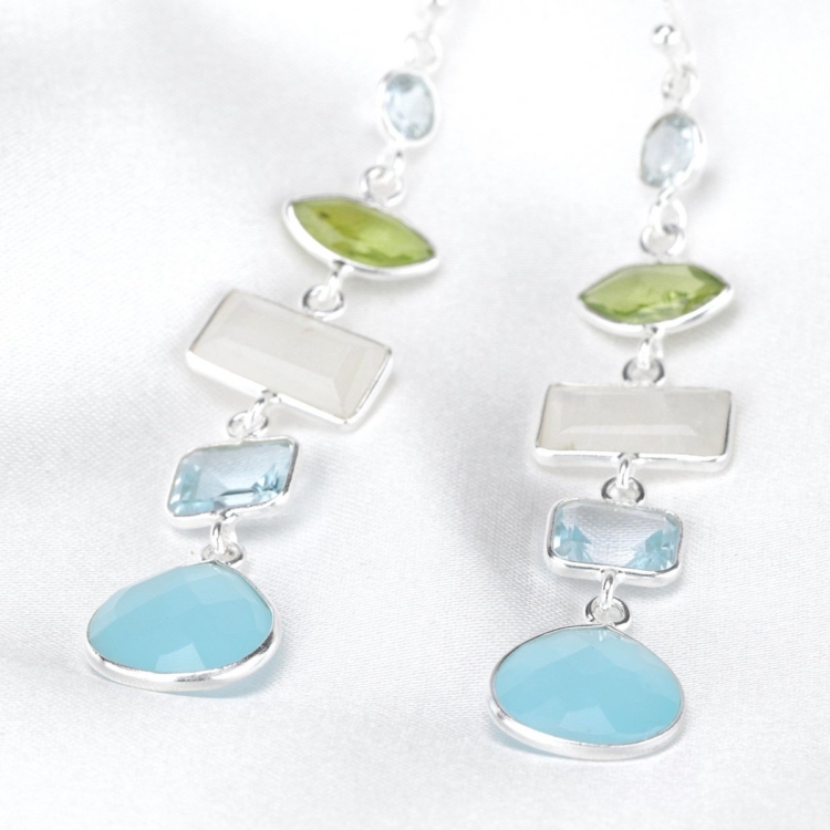 Multi Gemstone Earrings - 925 Sterling Silver - Clear Quartz, Aquamarine, Moonstone, Peridot, Chalcedony - Image 9