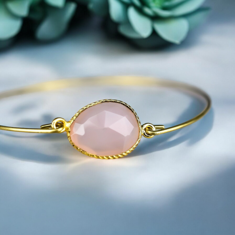 Rose Quartz Bangle - Gold Plated Gemstone Jewelry