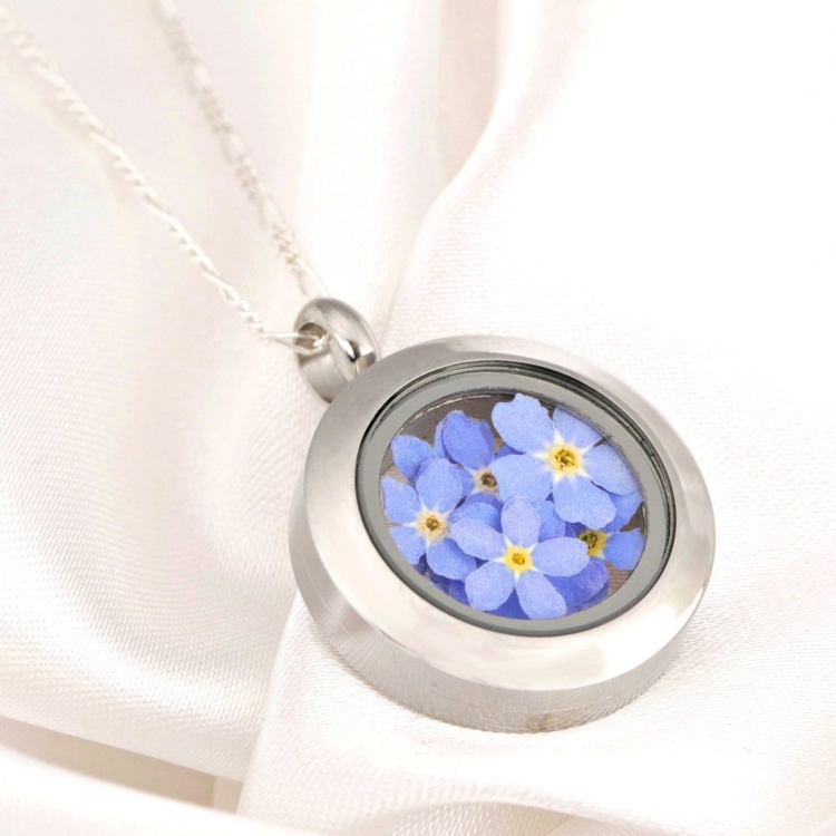 Forget-me-not flower medallion - glass medallion with real flowers 925 sterling silver necklace